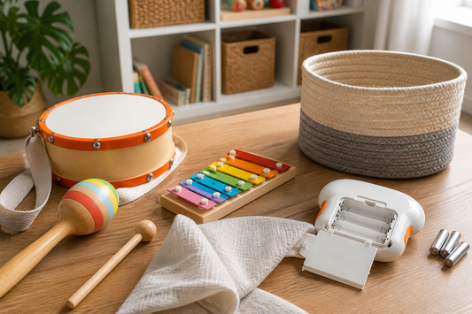 Children’s musical toys arranged for cleaning, inspection, and safe storage