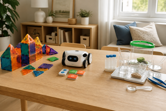 Building tiles, a simple coding robot, and a beginner science kit arranged in separate areas on a children’s activity table