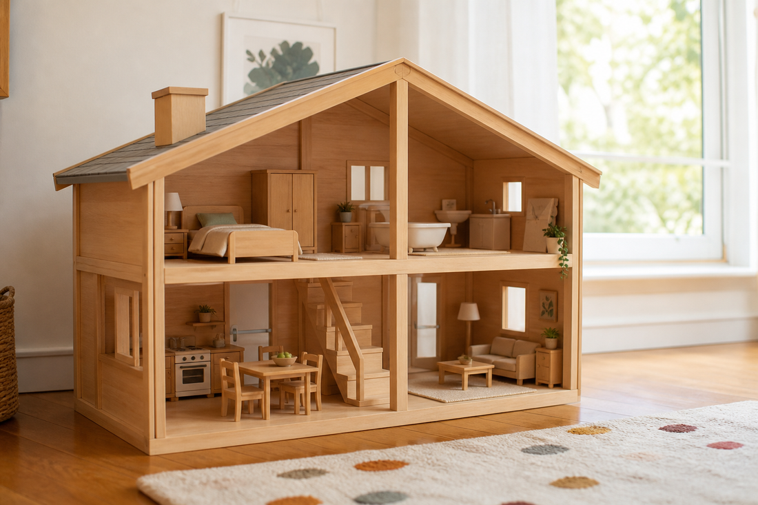 Organized multi-room dollhouse with balanced furniture, open play space, and accessible miniature rooms