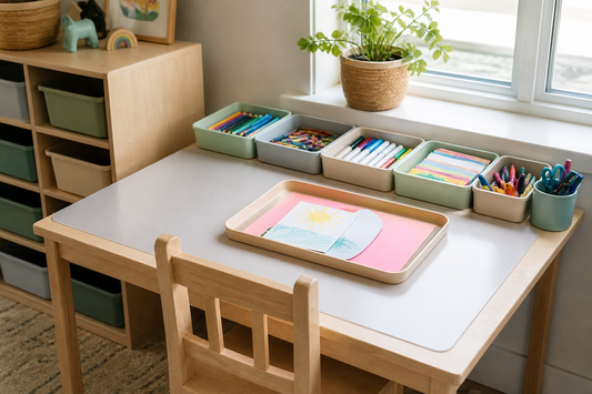 Organized home craft station with accessible supplies, washable mat, project tray, and storage bins