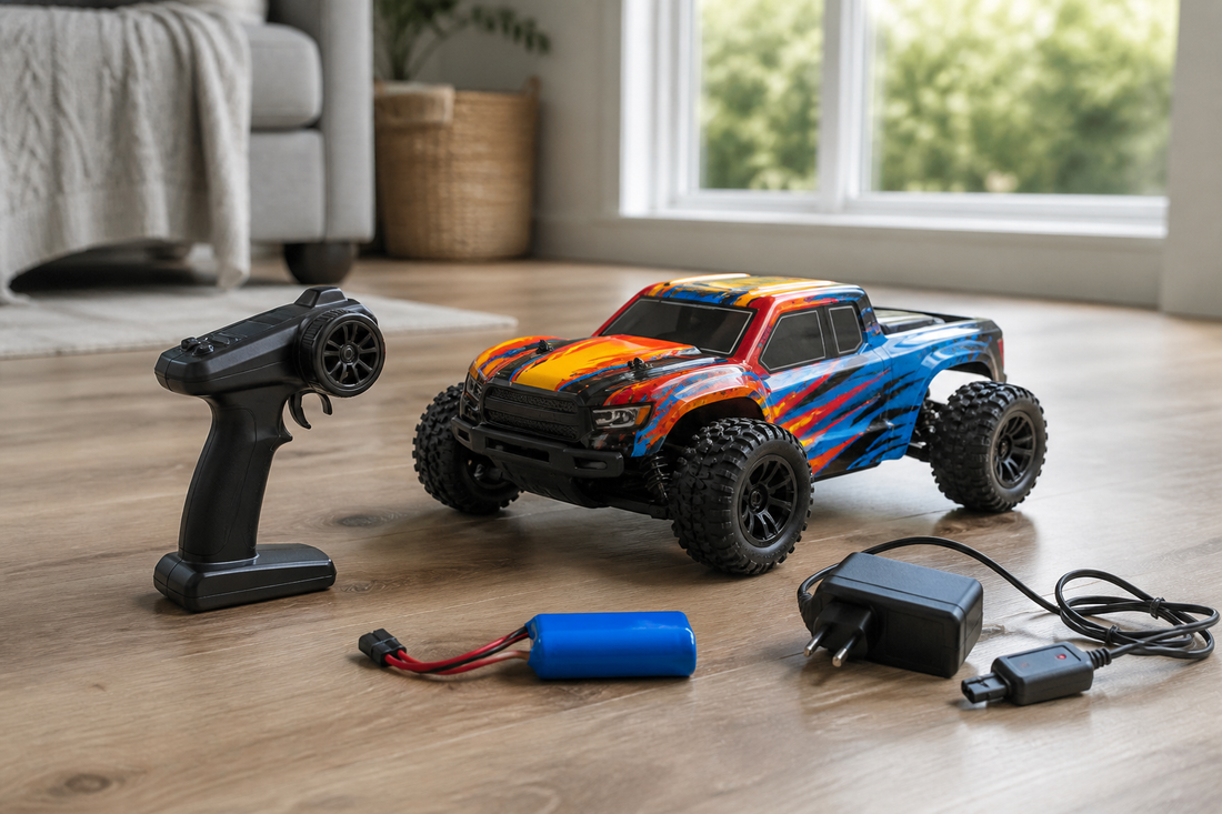 RC car with its remote controller, battery pack, and charger arranged for a troubleshooting check