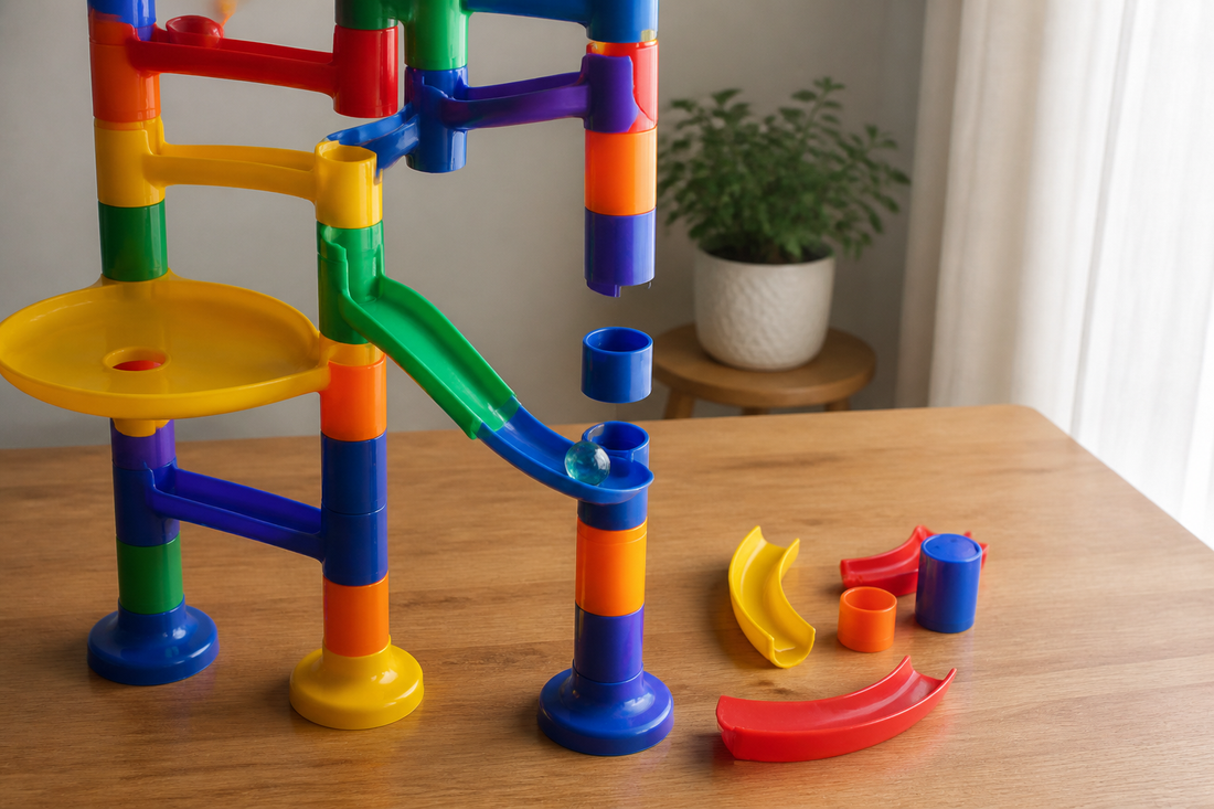 Colorful marble run with a slightly leaning tower, a separated connection, and a marble stopped before an uneven track section
