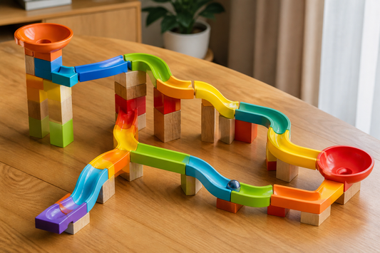 Completed marble run with a winding route, supported sections, and a collection area on a table