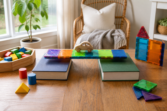 Screen-free STEM building materials arranged for hands-on challenges, including blocks, magnetic tiles, books, and a small toy