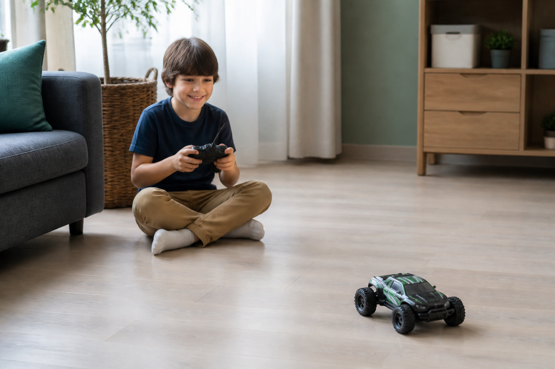 Child operating an RC car with a simple remote in an open indoor play area