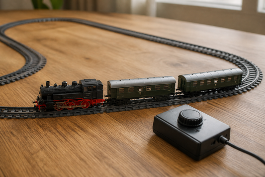 Toy train layout with a stopped train, connected track sections, and a controller ready for troubleshooting