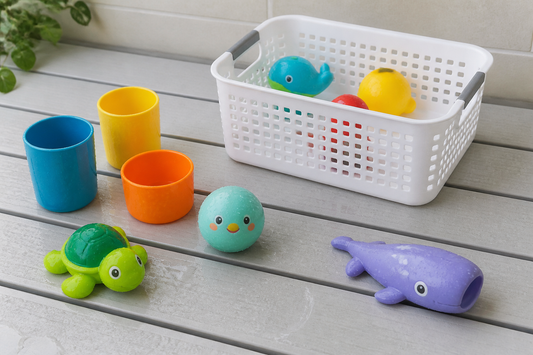 Children’s water toys air-drying beside an open ventilated storage basket