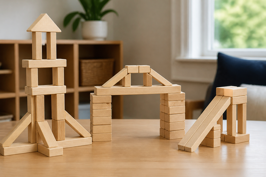 Building-block tower, bridge, and ramp arranged as examples of stable structures