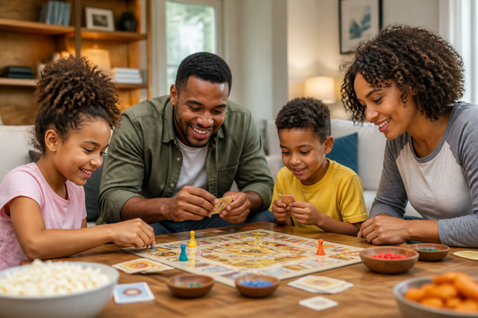 Family members of different ages gathered around a prepared table for a board game night
