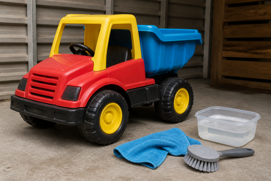 Kids’ ride-on toy with a damp cloth and soft cleaning brush prepared for safe routine cleaning