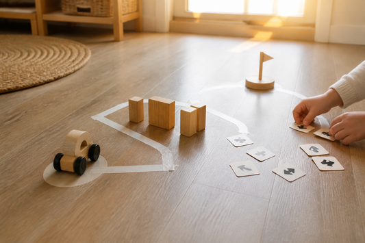 Child directing a toy vehicle through a taped floor path with paper arrows and a small obstacle