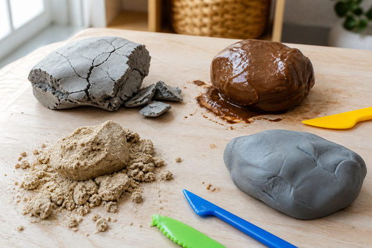 Four modeling clay samples showing hard cracked, sticky glossy, crumbly, and smooth cohesive textures