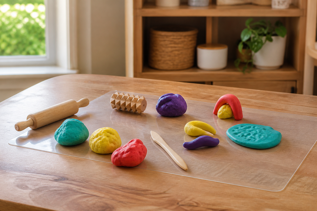 Open-ended modeling clay setup with loose clay portions, simple tools, and unfinished abstract shapes
