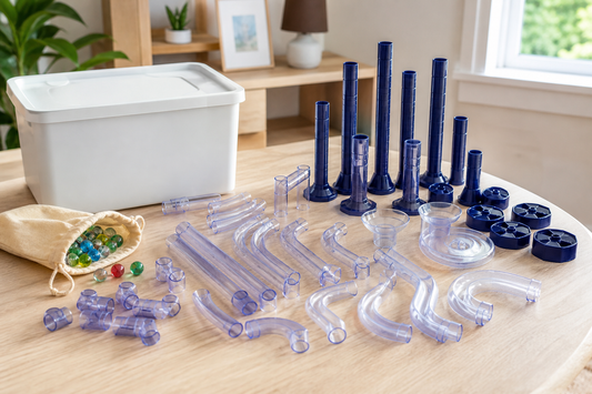Clean marble run pieces arranged as a ready-to-store set beside a lidded container and small pouch