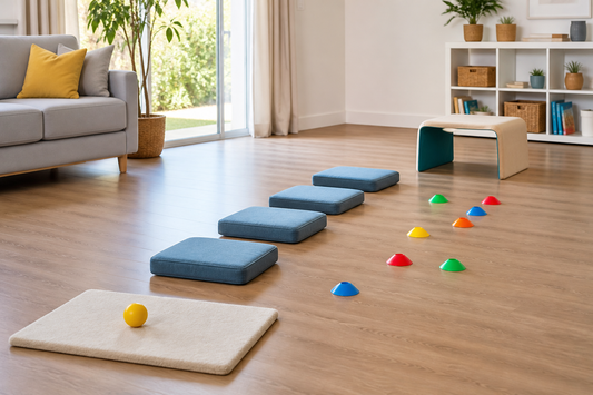 A clearly marked one-way indoor obstacle course with cushions, floor markers, a low crawl-through opening, and a soft finish target