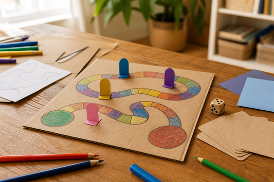 Homemade children's board game prototype with a cardboard path, tokens, cards, and dice on a craft table