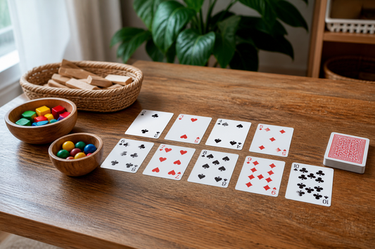 Ordinary numbered playing cards arranged for early math practice on a family table
