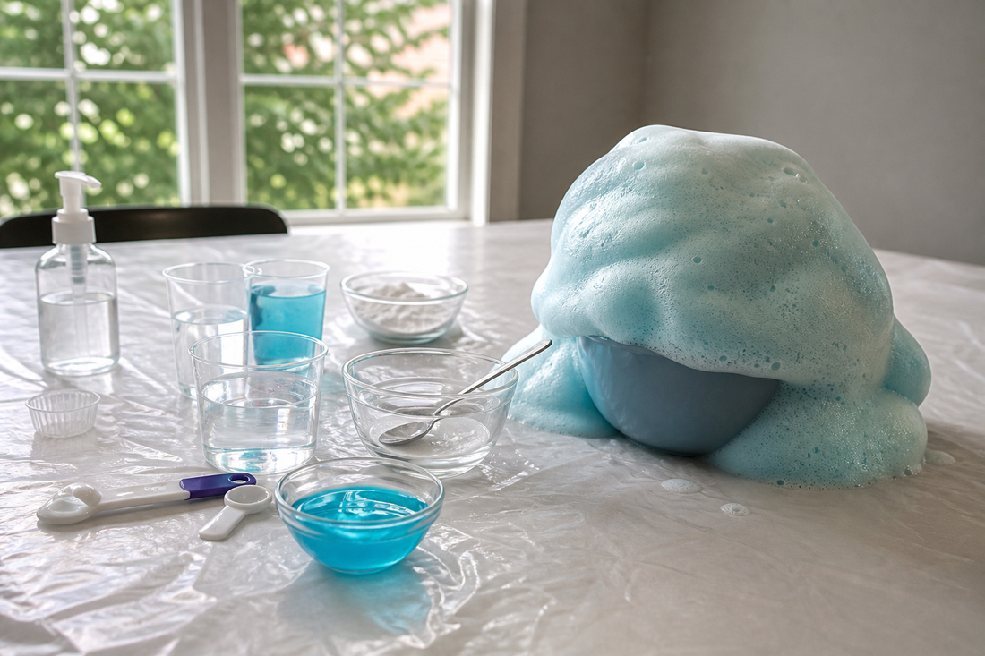 Home science experiment producing an unexpectedly large amount of contained foam on a protected table