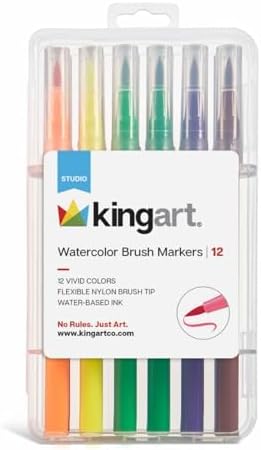 KINGART Watercolor Brush Marker Set – 12 Vivid Colors – Flexible Nylon Tips for Sketching, Drawing, Calligraphy, & Painting – Reusable Storage Case Include