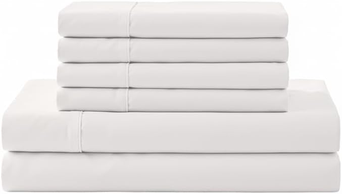 Linen Home 6 Piece King Cotton Sheet Set, 100% Cotton Percale, 4 Pillowcases, Deep Pocket with All Around Elastic Sheet, Crisp Breathable Bedding, Hotel Luxury, Long-Staple Combed Cotton, Snow White