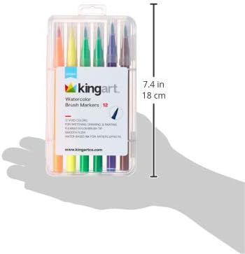 KINGART Watercolor Brush Marker Set – 12 Vivid Colors – Flexible Nylon Tips for Sketching, Drawing, Calligraphy, & Painting – Reusable Storage Case Include
