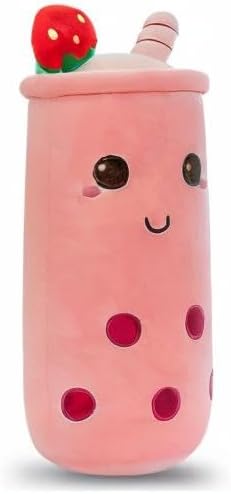 Rexinc Cute Plushies Plush Plushie Long Strawberry Pillow Bubble Tea Stuffed Animal Valentines Gift for Kids Adults Girlfriend(Pink Plush,16 Inch)