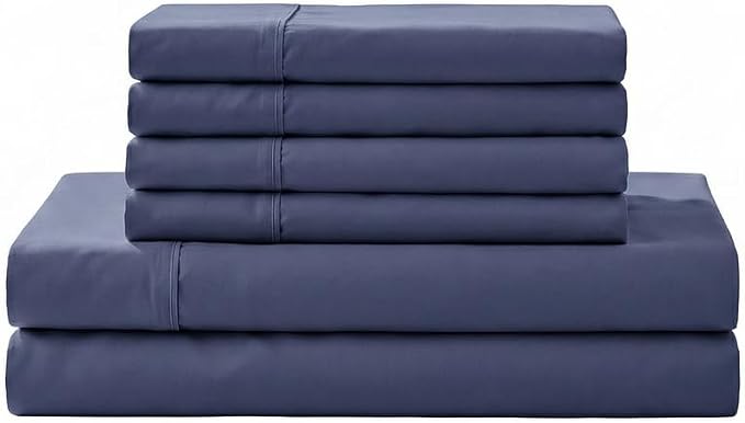 Linen Home 6 Piece Queen Cotton Sheet Set, 100% Cotton Percale, 4 Pillowcases, Deep Pocket with All Around Elastic Sheet, Crisp Breathable Bedding, Hotel Luxury, Long-Staple Combed Cotton, Dark Blue
