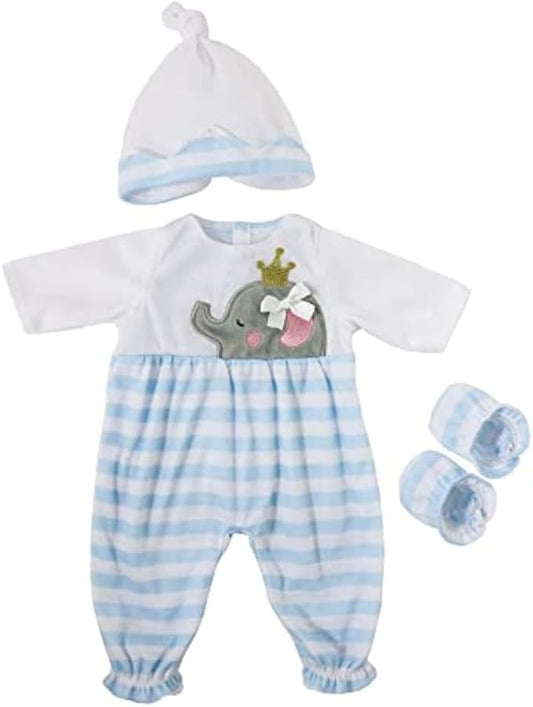 JC Toys | Berenguer Boutique | Baby Doll Outfit | Blue Striped Long Onesie with Headband, and Booties | Ages 2+ | Fits Dolls 14"- 16"