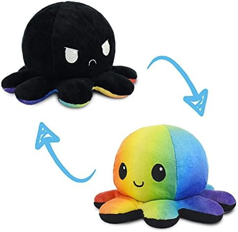 TeeTurtle Reversible Octopus Plushie 4-Inch Black + Rainbow Two-Sided Flip Plush Toy with Embroidered Details - Cute Mini Collectible Plush for Kids, Teens, and Adults