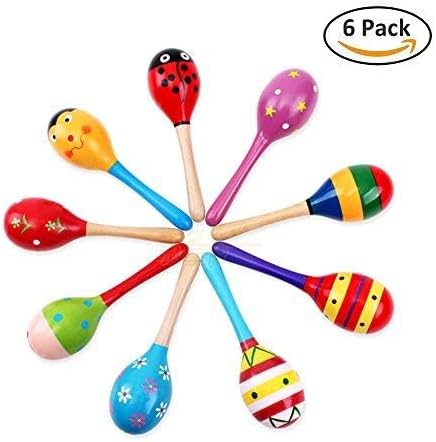 Mini Wooden Maracas for Kids, Wooden Fiesta Maracas Assorted Color and Design,Pack of 6 (Random Color Pattern)
