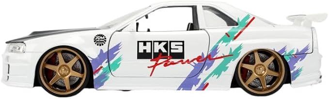 Jada Toys JDM Tuners 1:24 Die-Cast 2002 Nissan Skyline GT-R (R34), Opening Doors, Detailed Interior, Rubber Tires, Collectible for Ages 8+(Glossy White)