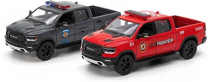 KiNSMART - 2019 Dodge Ram 1500 Pickup 1:46 O Scale 5" Die Cast Metal Model Toy Truck (2Set Rescue Police & Firefighter Edition)