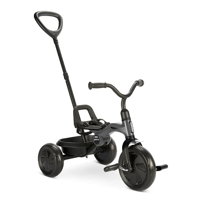 Joovy Tricycoo Fold & Go Toddler Tricycle Featuring Removable, Adjustable Push Handle, Lockable Front Pedals, Height-Adjustable Seat, 3-Point Safety Harness, and Rear Storage Box (Forged Iron), Large