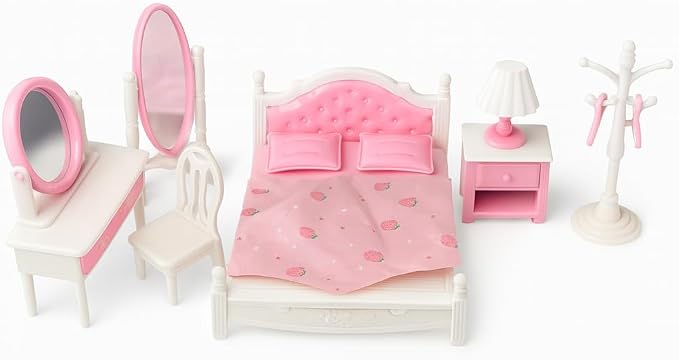 Family Dollhouse Bedroom Set — Bed, Pillows & Bedspread, Vanity with Mirror, Nightstand, Floor Mirror, Chair, Lamp, Coat Rack & Hangers — Dollhouse Furniture & Accessories for Ages 3+