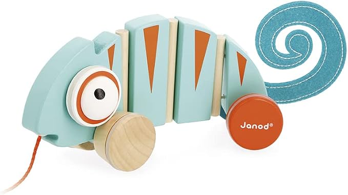 Janod - Tropik Pull-Along Chameleon - Wooden Early-Learning Toy - Silent Wheels - Educational Walking and Balancing Toy - Water-Based Paint - 1 Year + J08264