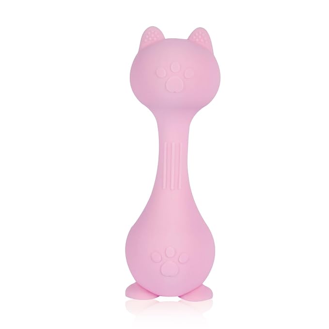 Baby Rattle Teething Toys Cat Silicone Teether Rattles for Baby 0-12 Months Food Grade Silicone (Pink)