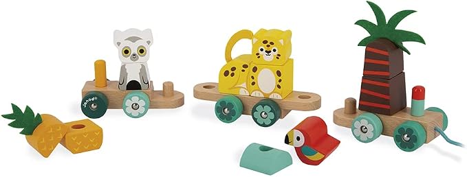 Janod - Tropik Tropical Pull-Along Train - 11 Pieces and 3 Cars - Ages 1 Year + J08272
