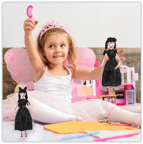 2Pc Fashion Dolls with Accessories, 11.5 inch Girls Doll, Black Hair, Dots and Black Dress