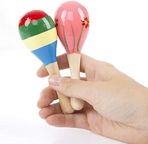 Mini Wooden Maracas for Kids, Wooden Fiesta Maracas Assorted Color and Design,Pack of 6 (Random Color Pattern)