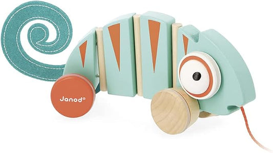 Janod - Tropik Pull-Along Chameleon - Wooden Early-Learning Toy - Silent Wheels - Educational Walking and Balancing Toy - Water-Based Paint - 1 Year + J08264