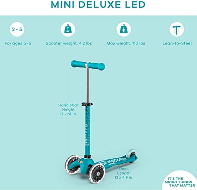 Micro Kickboard | Mini LED Kids Scooter for Ages 2-5 | Children up to 110 lbs | 3 Wheel Lean-to-Steer Design | Adjustable T Bar | Smooth Ride, Motion Activated PU LED Wheels | Swiss Design