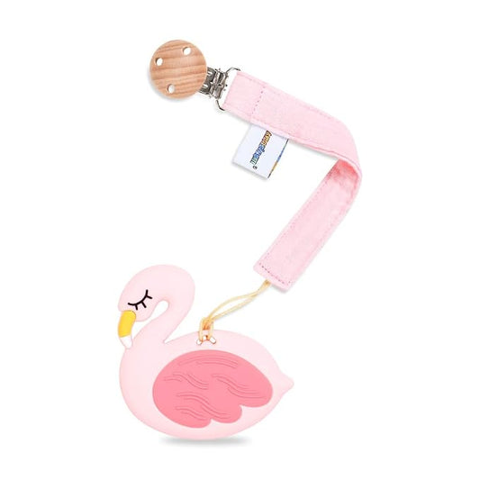 Baby Food Grade Silicone Teether Toy with Pacifier Clip Holder,Teething Pain Relief Toys Gift Set for 3 Months+ Boys and Girls,Freezer Safe,BPA Free (Pink Flamingo)