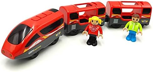 DSHMIXIA Battery Operated Trains for Wooden Train Track Set Locomotive with Light for Toddlers 3 4 5 Year Old Boys Red High Speed Magnetic Couplings with Passengers(Without Battery)