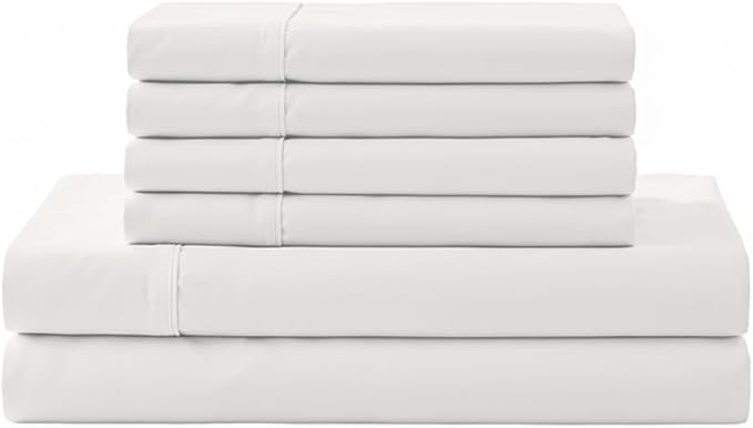 Linen Home 6 Piece California King Sheet Set, 100% Cotton Percale, 4 Pillowcases, Deep Pocket with All Around Elastic Sheet, Crisp Breathable Bedding, Hotel Luxury, Long-Staple Combed Cotton, White