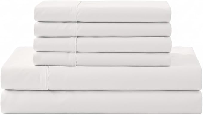 Linen Home 6 Piece Full Size Cotton Sheet Set, 100% Cotton Percale, 4 Pillowcases, Deep Pocket with All Around Elastic Sheet, Crisp Breathable Bedding, Hotel Luxury, Long-Staple Combed Cotton, White
