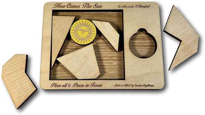 Creative Crafthouse Here Comes The Sun Very Hard 6 Piece Packing Puzzle | Named for the 499 seconds light takes to reach Earth. An Alex Beresford wood design and gift for serious solvers, made in USA