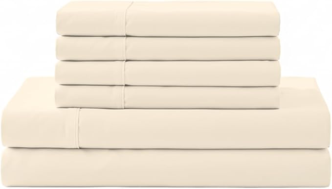 Linen Home 6 Piece King Size Cotton Sheet Set, 100% Cotton Percale, 4 Pillowcases, Deep Pocket with All Around Elastic Sheet, Crisp Breathable Bedding, Hotel Luxury, Long-Staple Combed Cotton, Ivory