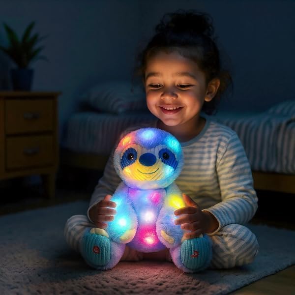 Light-up Singing Plush Blue Sloth LED Musical Stuffed Animal Adjustable Volume Lullaby Plushies Birthday Christmas Toy Gifts for Kids Toddler Girls, 13"