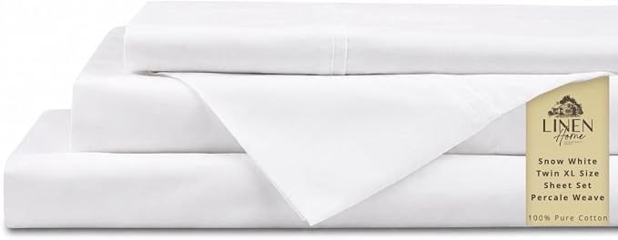 Linen Home 100% Cotton Percale Sheets Twin XL Size, Snow White, Deep Pocket, 3 Pieces Set- 1 Flat, 1 Fitted and 1 Pillowcase, Crisp Cool and Long Staple Strong Bed Linen