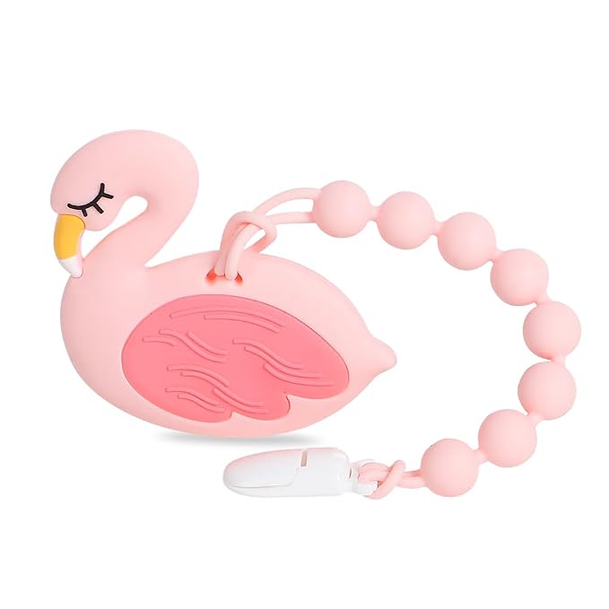 Baby Teething Toys,Food Grade Silicone Teether with One-piece Pacifier Clip Holder,Baby Gift,Highly Effective Pain Relief for 3 Months+ Boy and Girl,BPA Free,Freezer Safe. (Pink Flamingo)